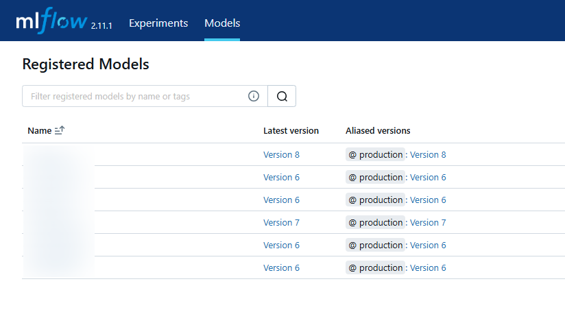 A model registry showing multiple model versions, each carrying a production alias