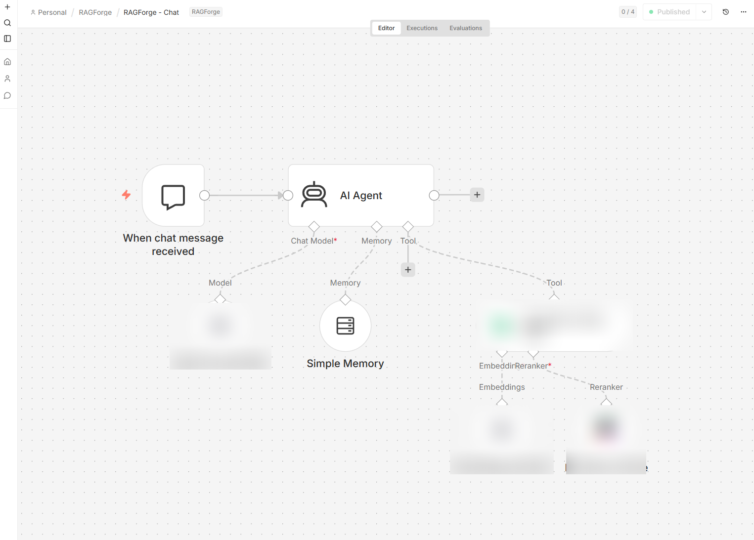 An n8n workflow for a chat agent that retrieves the most relevant passages from the stored documents and answers questions against them