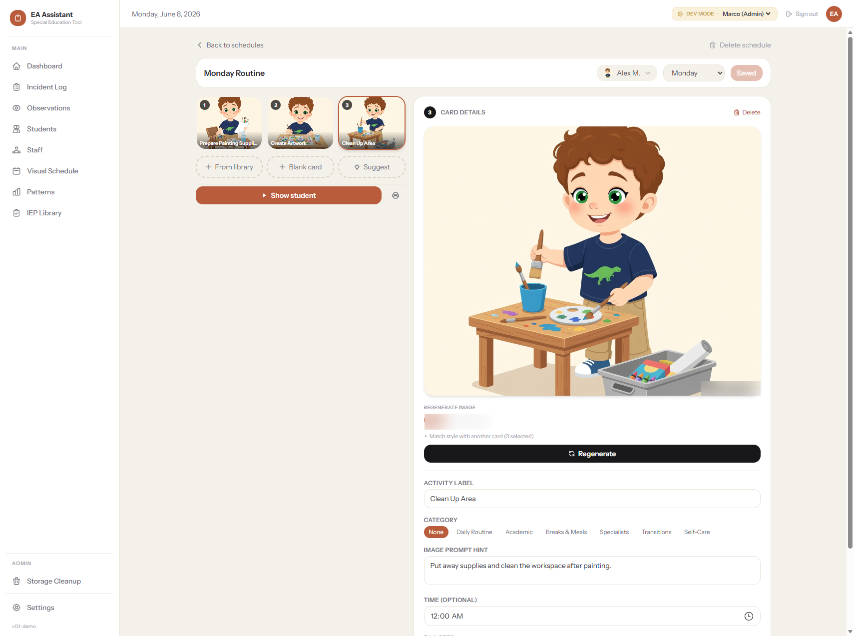 EA Assistant visual schedule card — the same student shown cleaning up the painting area, one card in a multi-step routine