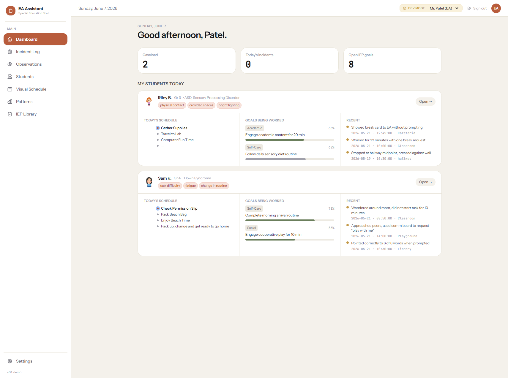 EA Assistant dashboard — each student's day, schedule, and IEP goals at a glance